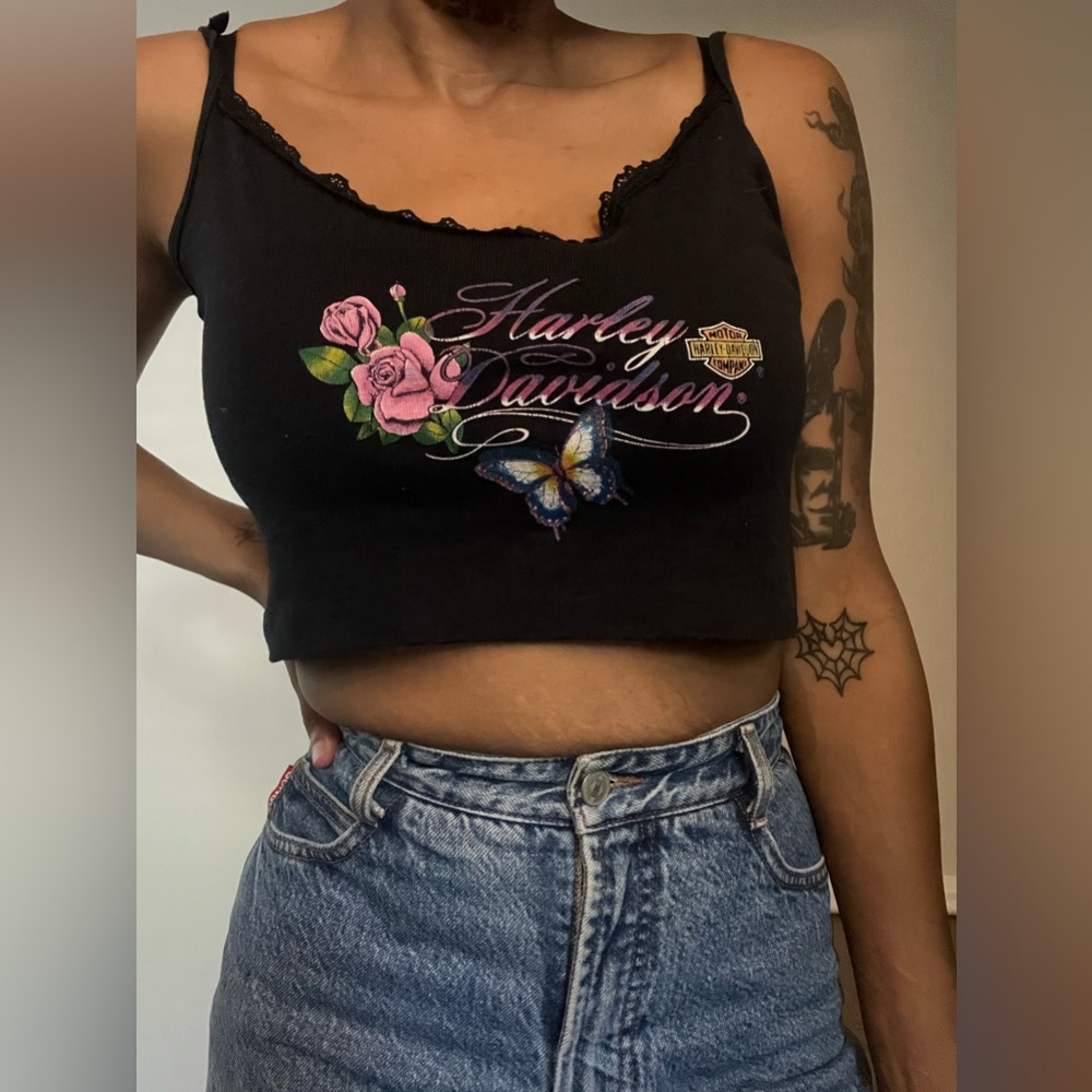 Harley-Davidson Black Top with Pink Floral and Butterfly
